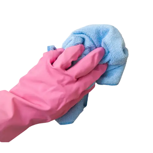 image of pink gloves wiping windown using blue towel